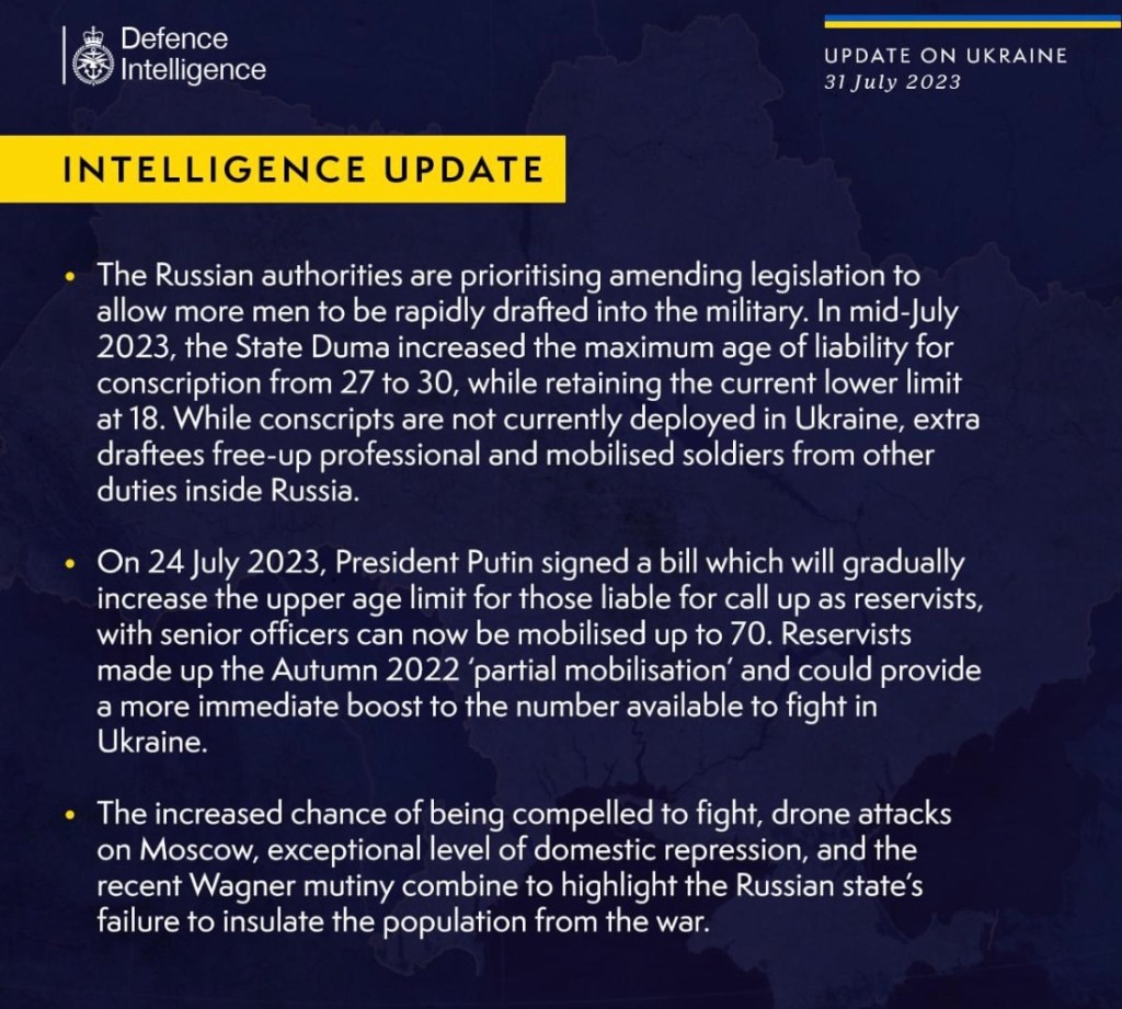 7/31/2023 – Mobilization of Russian officers up to the age of&nbsp;70…