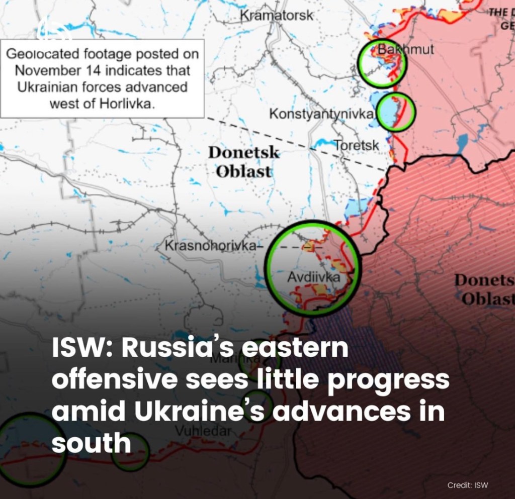 11/16/2023 – ISW: Russia’s eastern offensive sees little progress amid Ukraine’s advances in the&nbsp;south
